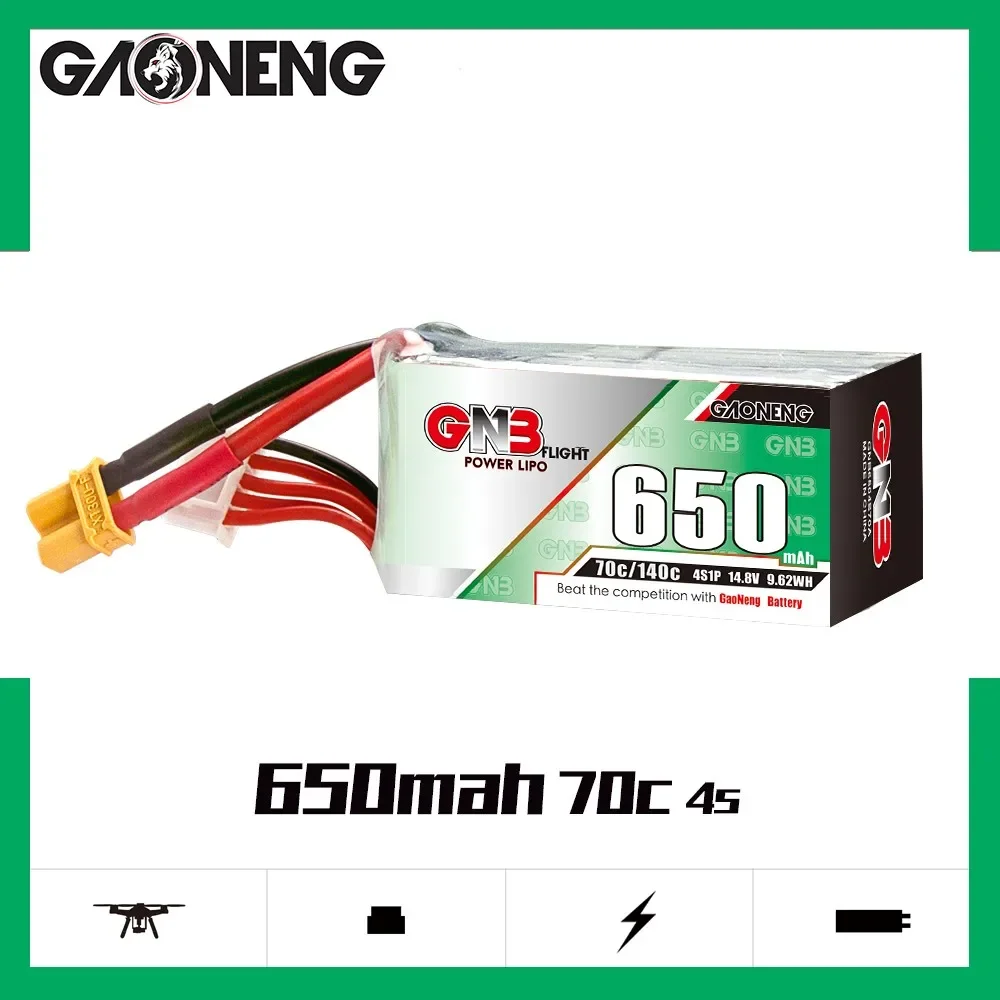 

GAONENG GNB 650mAh 4S 70C 140C 14.8V XT30 LiPo Battery 2 to 2.5 inch Propeller FPV size 90 to 150mm Brushless Drone