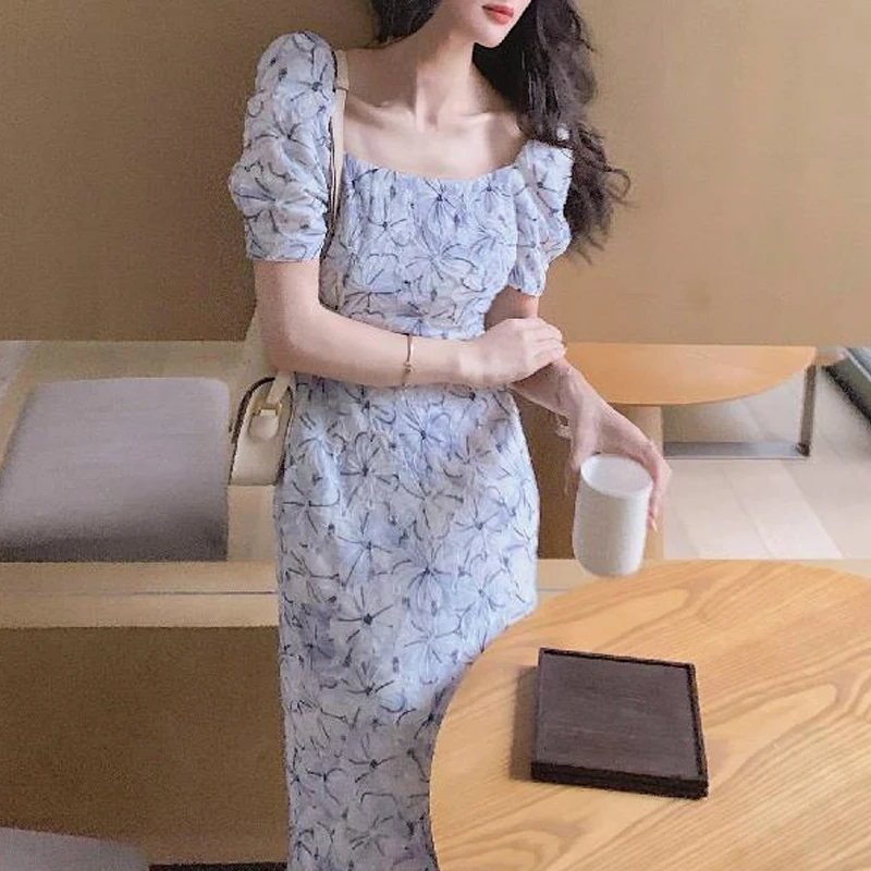 One Piece Dress Korean Short Sleeve Elegant Midi Dress Women Design Floral Vintage Dress Female Office Ladies 21 Summer Chic Dresses Aliexpress