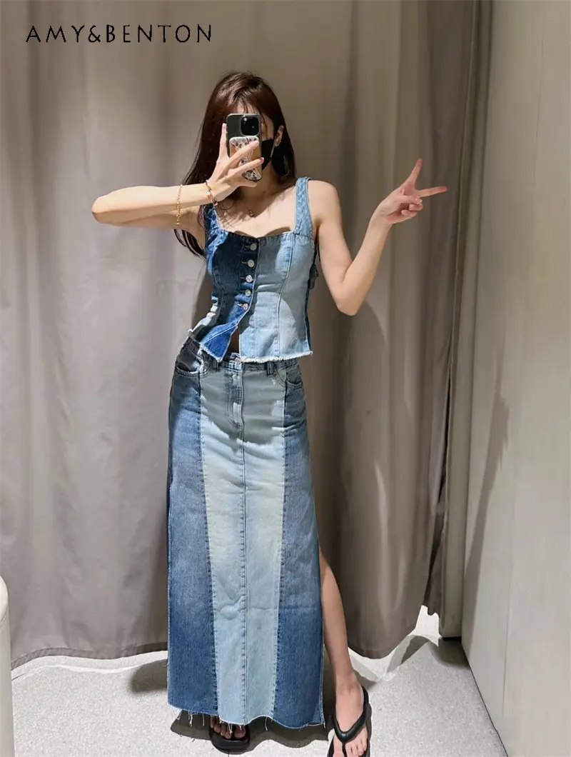 Women's Summer New Sleeveless Tank Tops Single-Breasted Vest Patchwork High Waist Slim Mid-length Denim Skirt Two Piece Set blue elegant women s strapless sleeveless strapless full length backless tube top denim jumpsuit high waist wide leg overalls