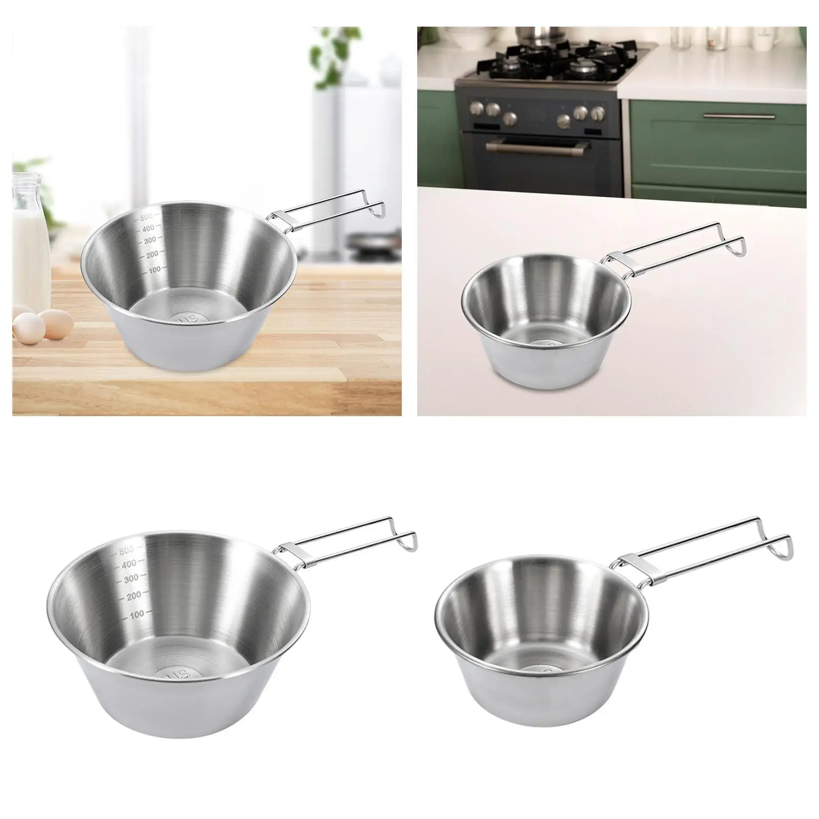 Camping Bowl Cookware Utensil Stainless Steel with Foldable Handle Drink