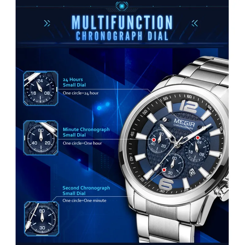 Quartz Watch For Men Wrist Watch Stainless Steel Band Chronograph Watches Luminous Waterproof Wristwatch Man Clock Reloj Hombre