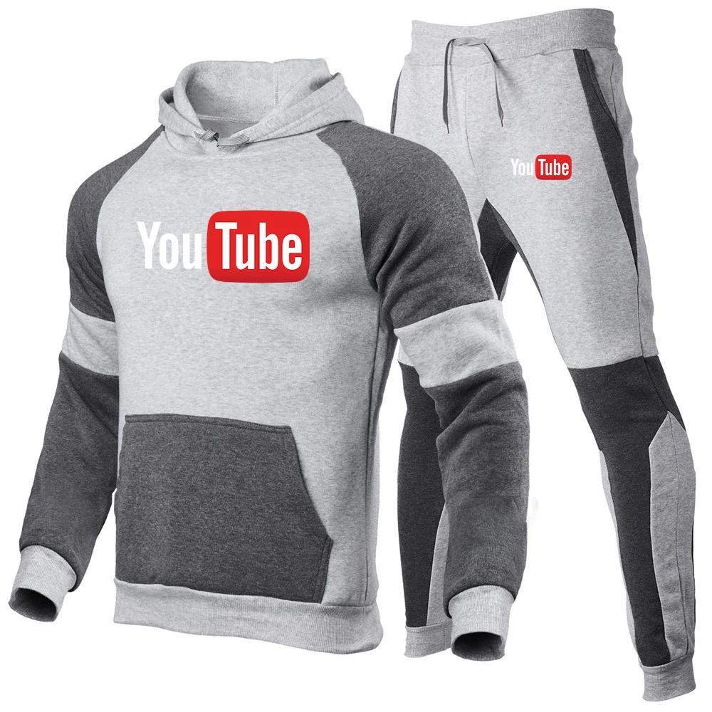 YouTube 2022 Men's New Sweatpants Set Tracksuit Hooded Sweatshirt+Pants Pullover Hoodies Sportwear Casual Clothes 2 Pieces Sets