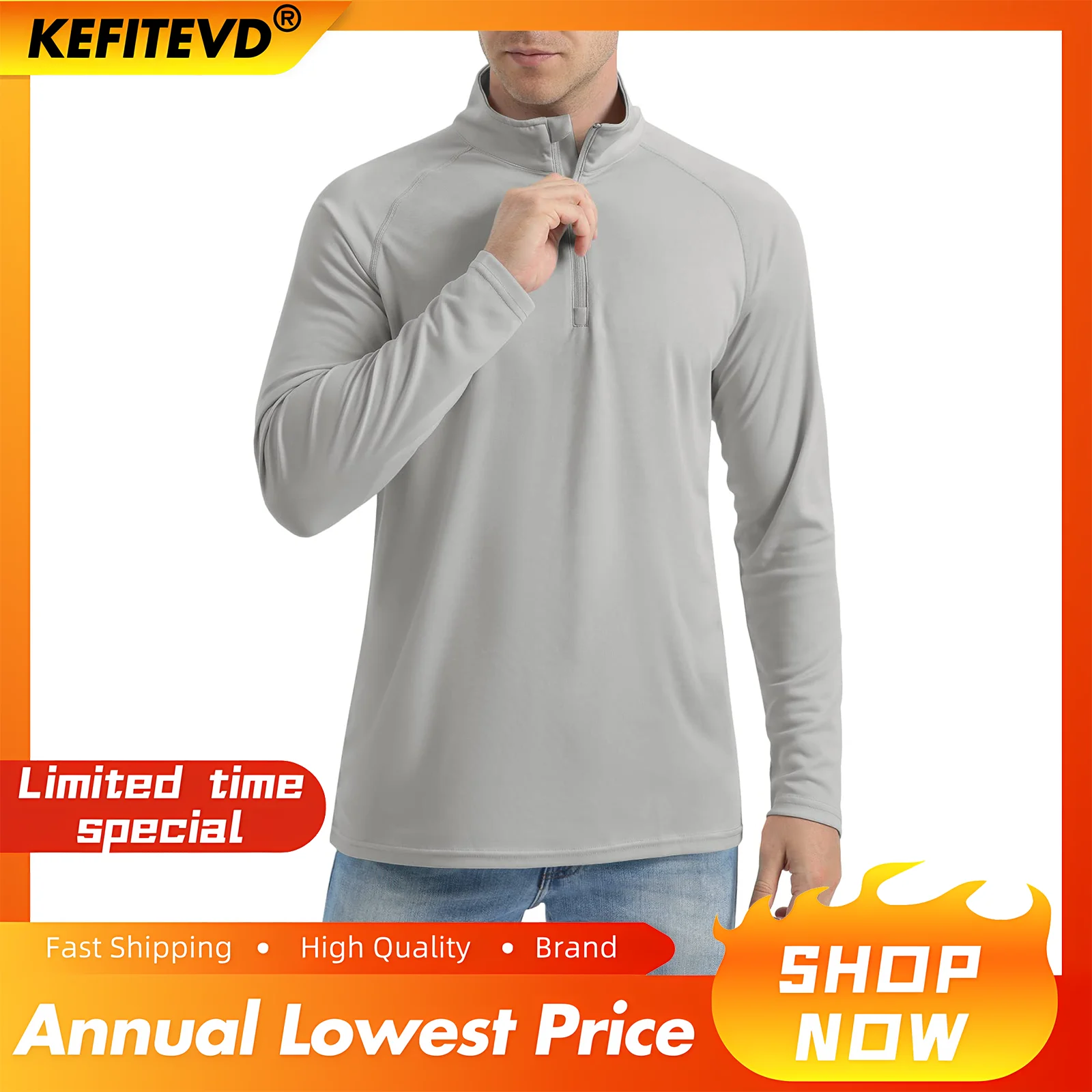 KEFITEVD UPF 50+ Long Sleeve T-shirts Men 1/4 Zip Hiking T Shirts UV Protection Outdoor Surfing Fishing Shirts Pullover Top