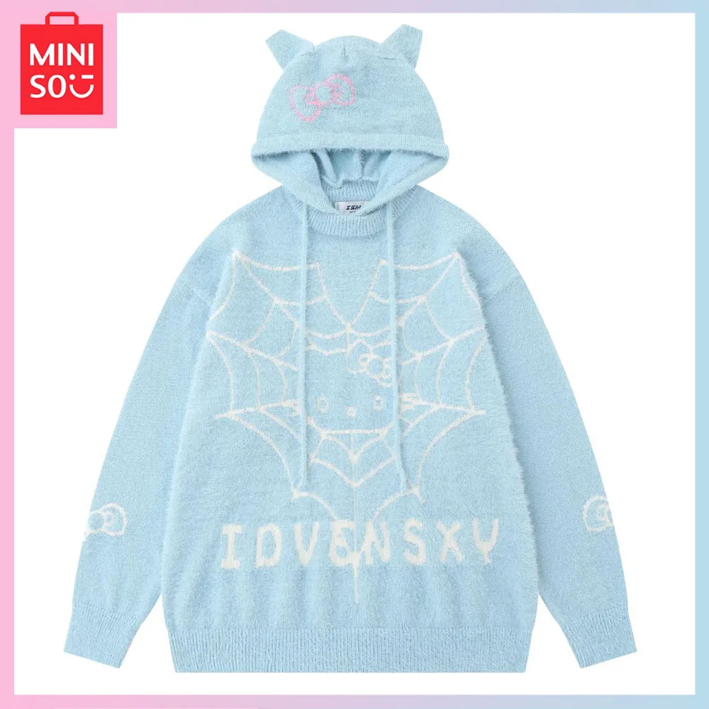 

Miniso Hello Kitty Cartoon Spider Mohair Knitwear Autumn Winter Girls Loose Casual Couple Hooded Sweater Birthday Christmas Gift