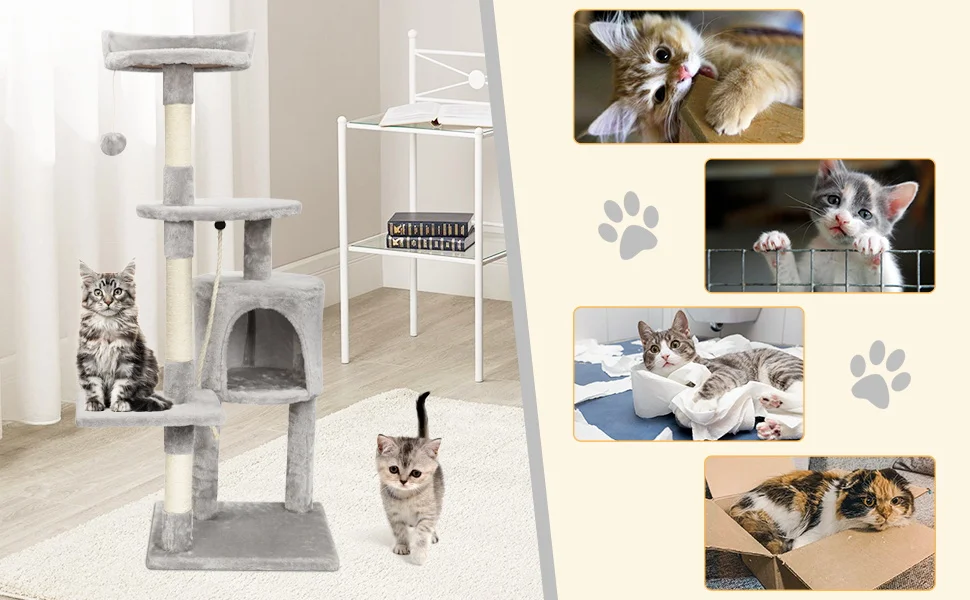 Cat Tree Multi-Level Tower Condo Scratching Post Kitten Toy Cozy Condo Climb Furniture Climbing Tower Activity Centre Gray