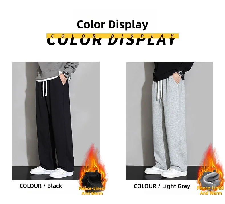بنطلون واسع الساق للرجال لفصلي الخريف والشتاء، مبطن بالصوف، تصميم مستقيم وفضفاض، بنطلون رياضي كاجوال طويل، بنطلون رياضي أسود