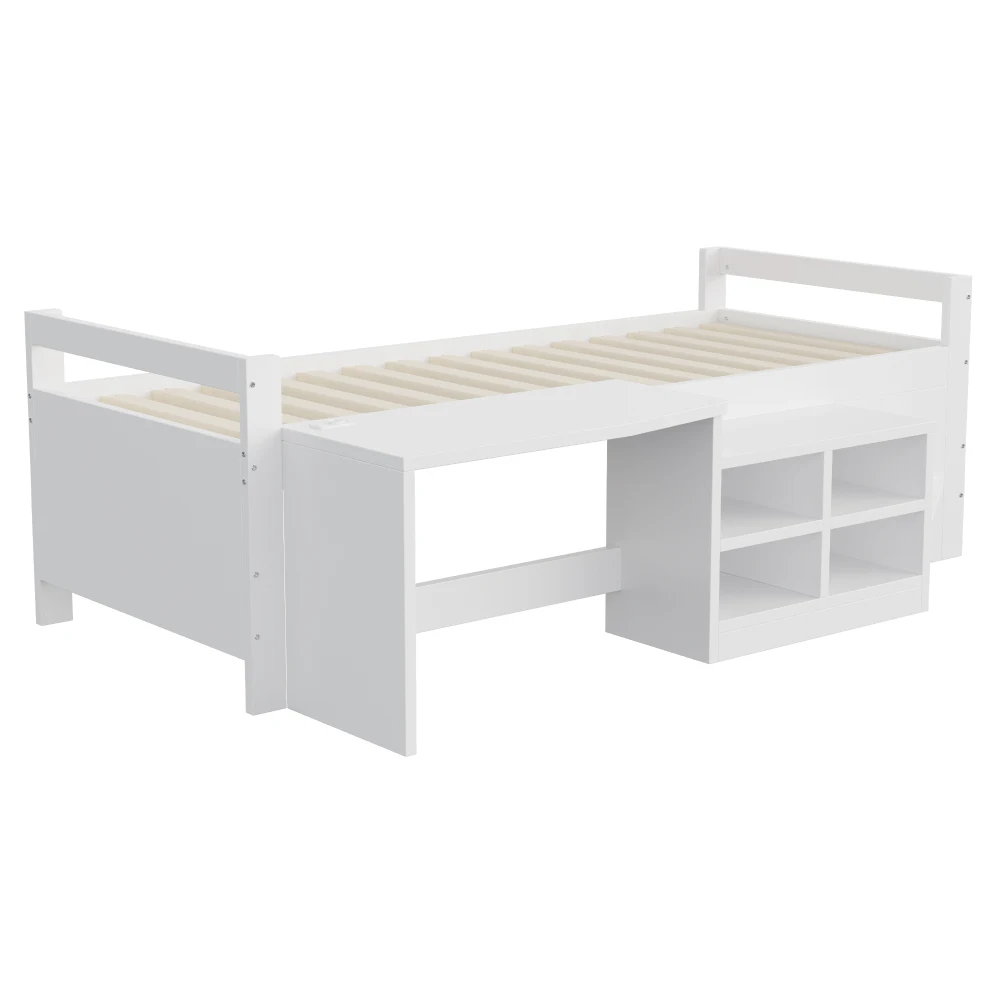 90×200cm Kinderzimmerbett, mit Stauraumfächern, Schreibtisch und mit multifunktionalen Steckdosen, Einzelbett, Holzbett weiß – Detail 12