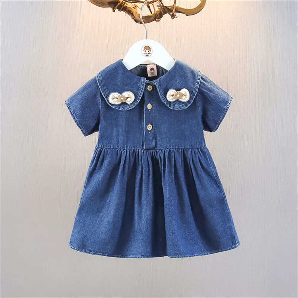 

Fashion Children's Denim Skirt Summer Girl's Skirt Short Sleeved Doll Collar Baby Dress GX036