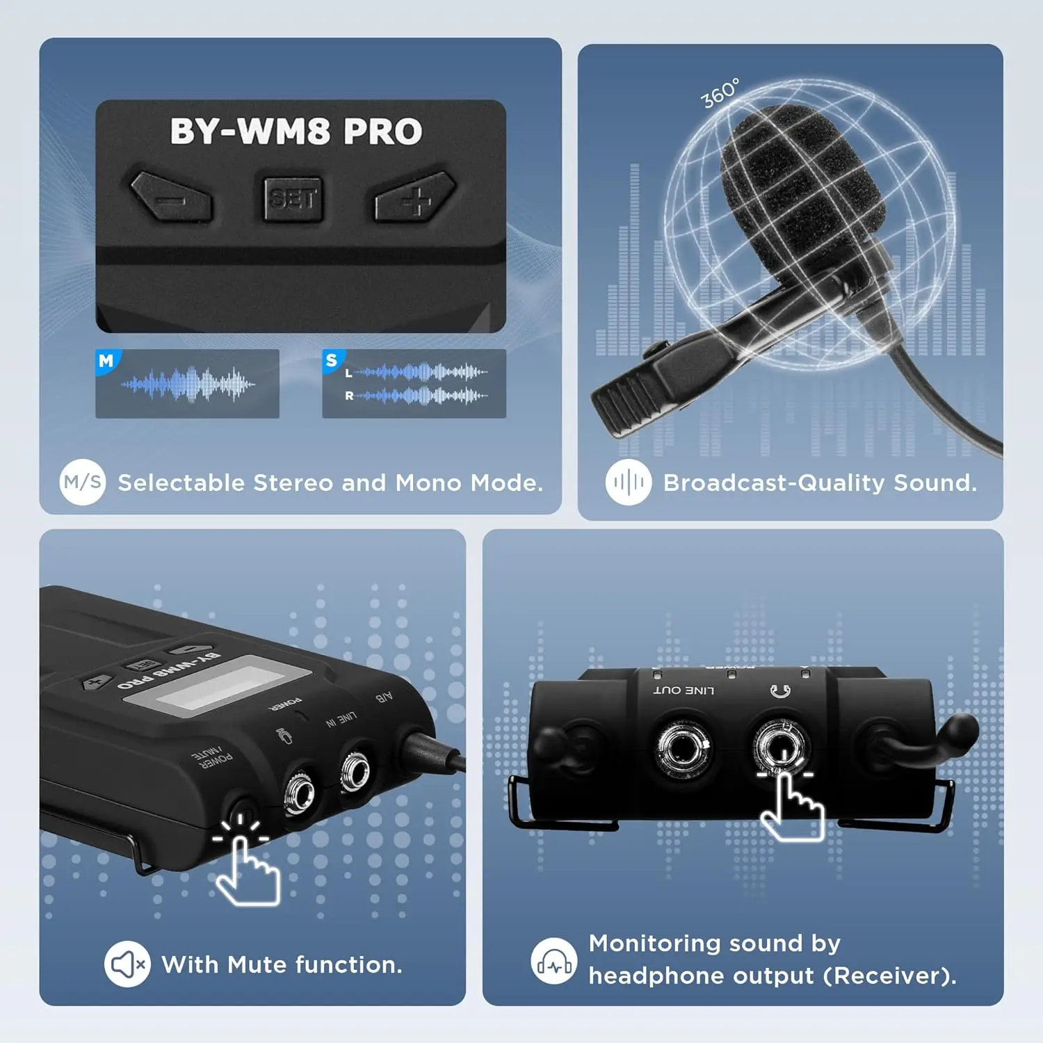 BOYA BY-WM8 프로 UHF 무선 라발리에 라펠 마이크, 아이폰 안드로이드 DSLR 카메라, PC 컴퓨터 인터뷰, 유튜브 스트리밍