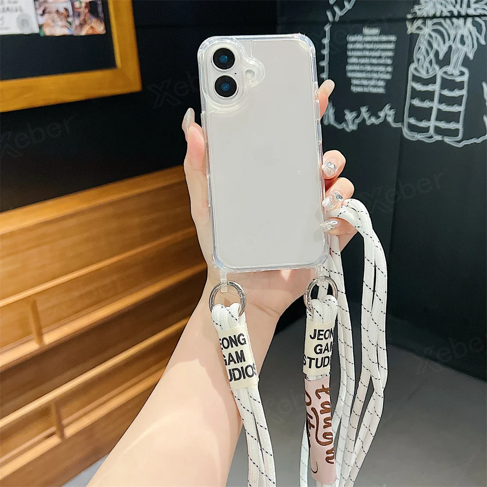 Étui de téléphone transparent avec lanière et collier en bandoulière pour iPhone 15 16 14 Pro Max 14 13 12 11, housse de protection antichoc à coussin d'air_voghion.com