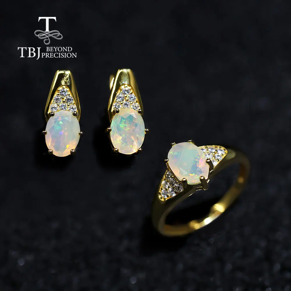 

New arrival Jewelry Set oval 6*8mm Natural Ethiopia Opal Ring earring 925 sterling silver fine jewelry women's wife nice gift