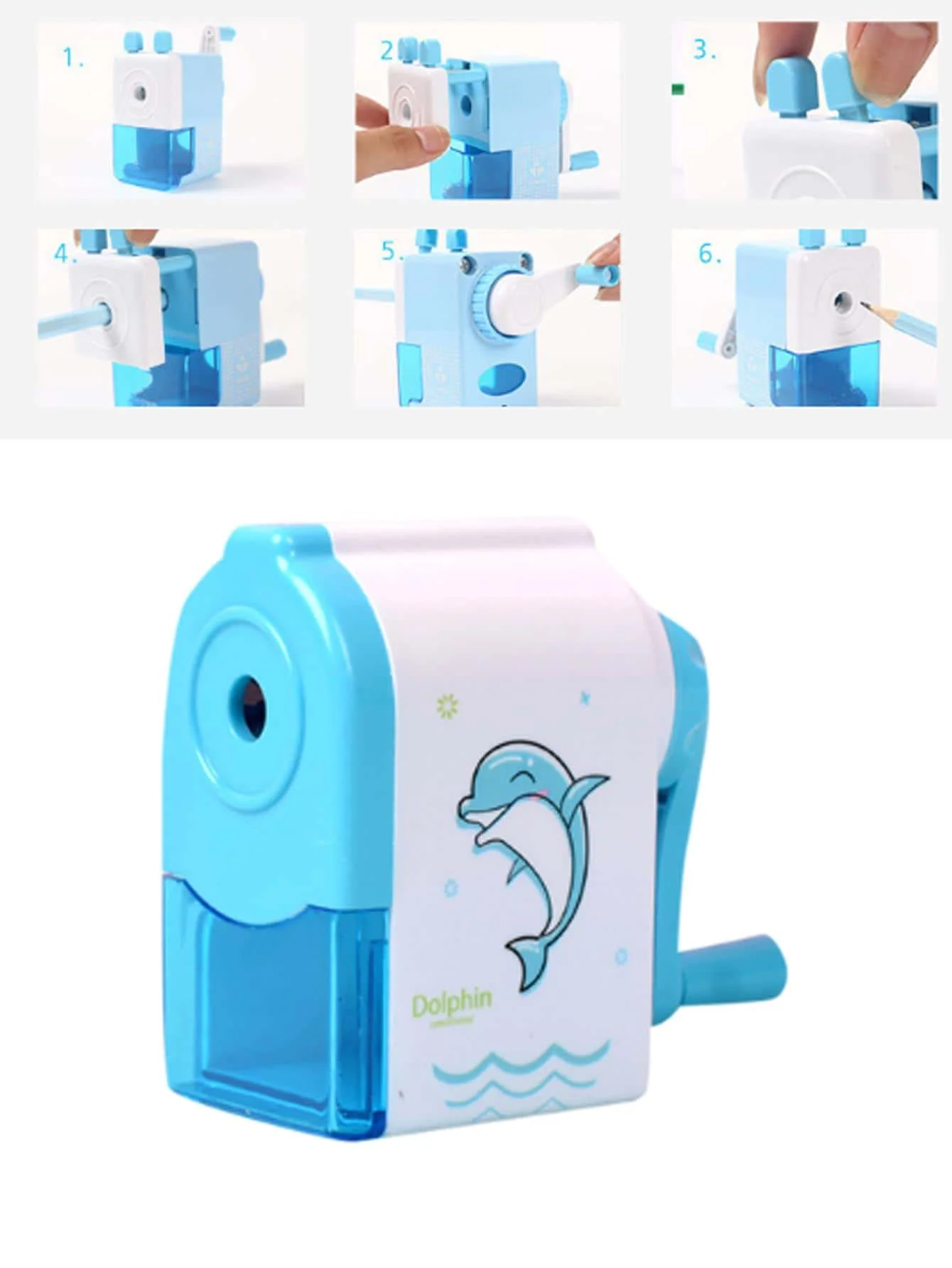 Pencil Knife Tools Cute Dolphin Rotary Pencil Sharpener Long Lasting Blade School Stationery Hand Crank Sharpeners for Childen - 3