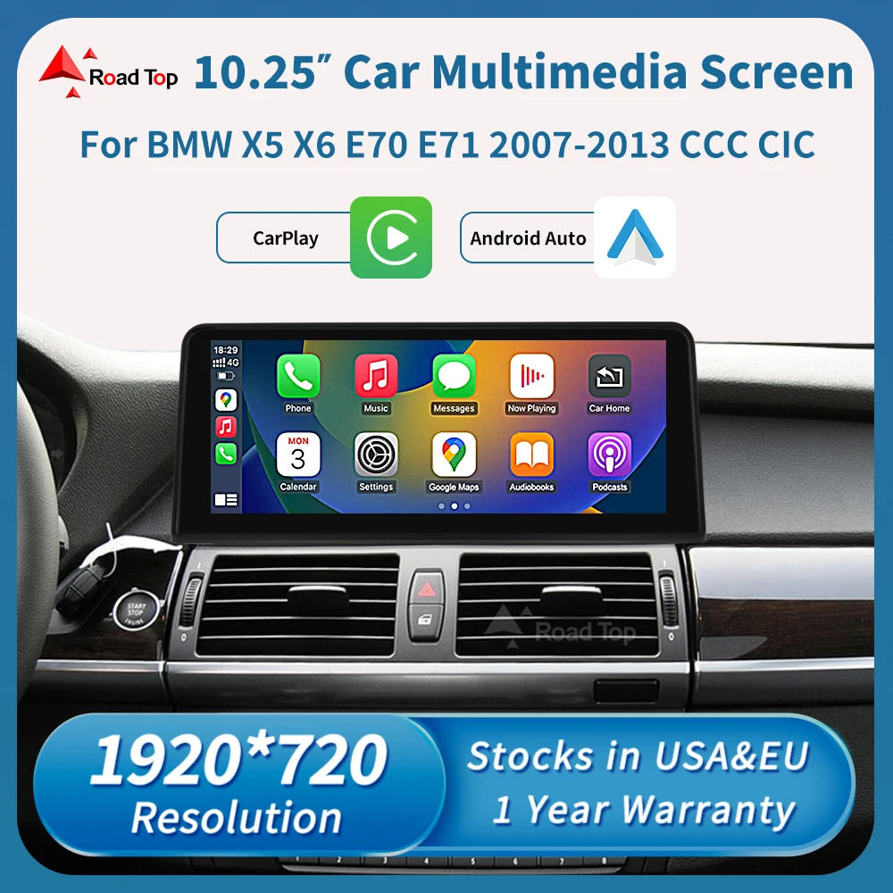 

Road Top 10.25'' 1920*720 Wireless Apple Carplay Android Auto Multimedia Display Screen For BMW X5 X6 E70 E71 2007-2013 CCC CIC