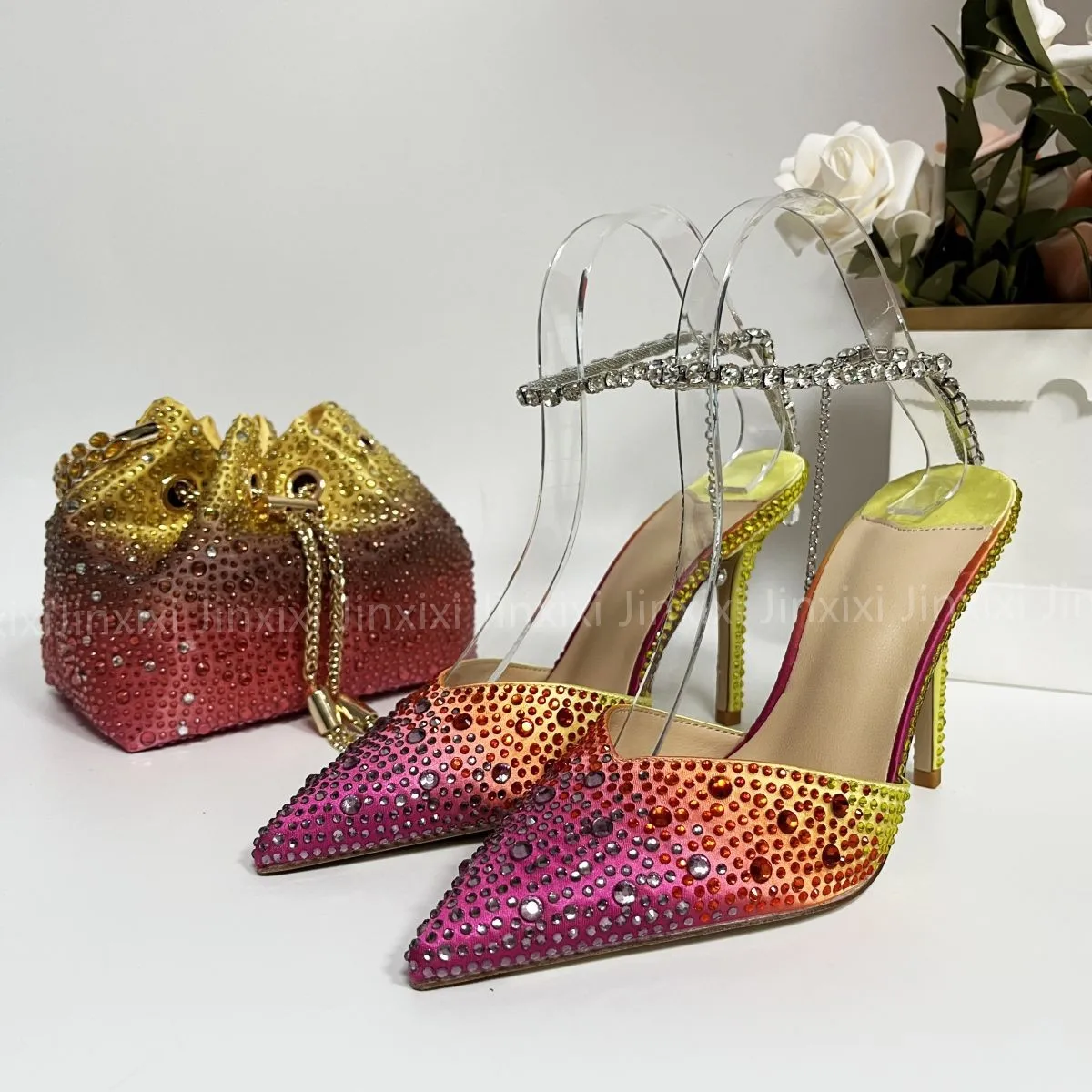 Shoes and Bag Set Rhinestone Heels Women Hot Pink Gold