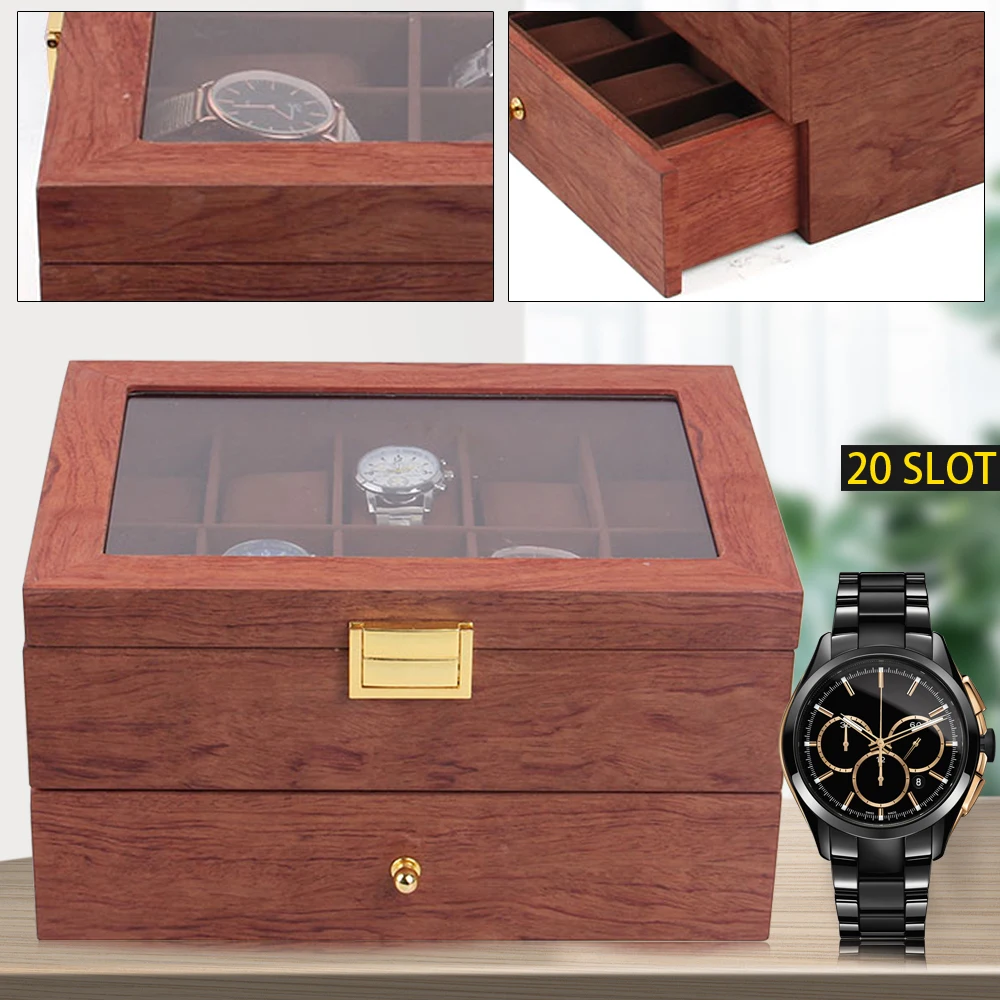 20 Slot Wooden Watch Display Case Organizer