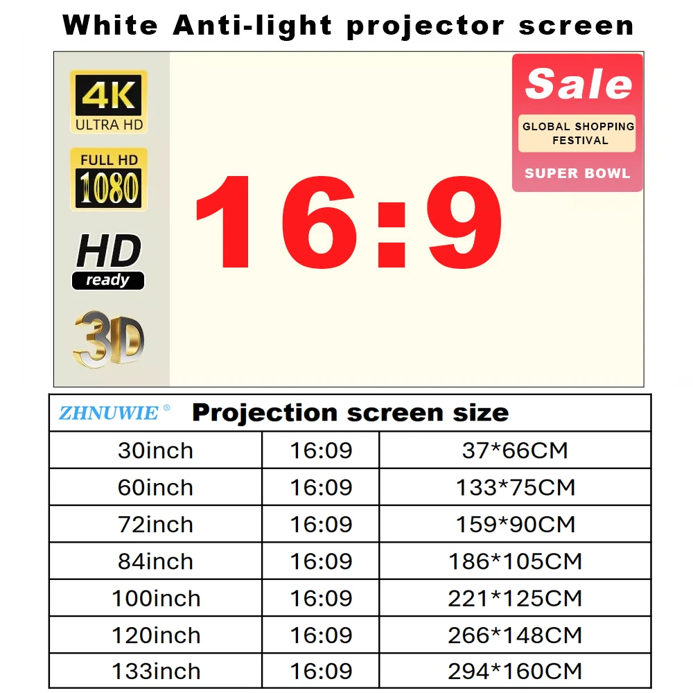 Projector Screen 16:9 Foldable 100 120 133 150 Inch HD for Home Outdoor projector screen,projection screen