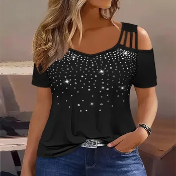 Camiseta de manga corta de talla grande con hombros descubiertos para mujer, top, novedad de 2024 1