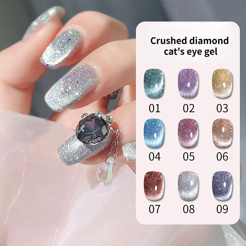 Crushed Diamond Crystal Stone Cat Eye Nail Polish Set Glitter