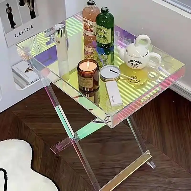 

Nordic folding Transparent Acrylic Desk Table Iridescent Rainbow Square Side Table Bedside Storage Organizer Coffee Tables