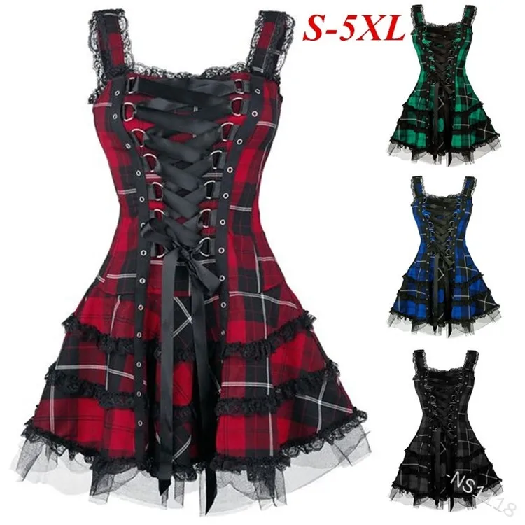 

Women Classic Frill Lace Dresses Sleeveless Plaid Vintage Gothic Mini Dresses Ball Gowns Cosplay Costume Fashion Dress