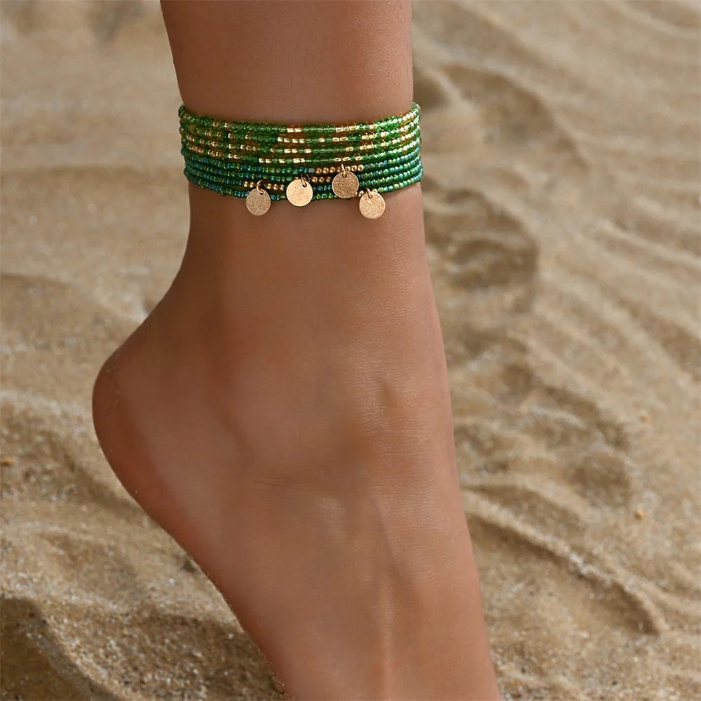2pcs/Set Green Small Rice Beads Anklets For Women Gold Color Round Disk Foot Chain Ankle Bracelet Beach Jewelry Summer Accessory