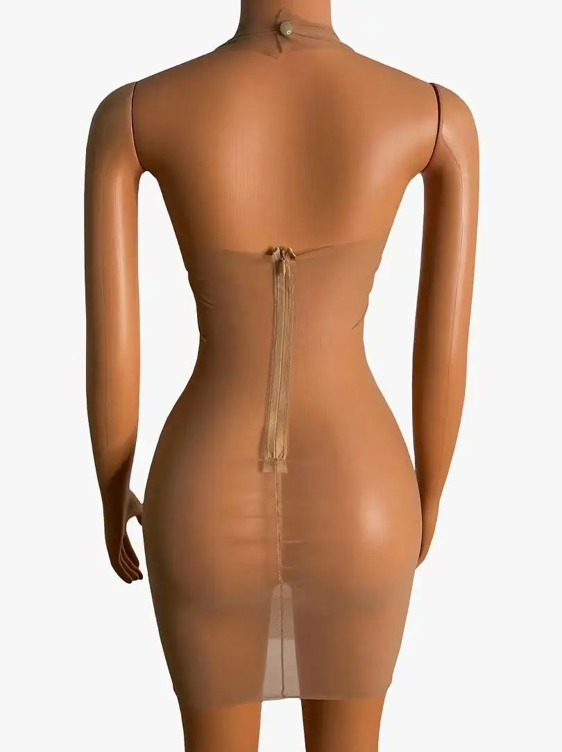 Sexy Stage Base Bodysuit Rompers Womens Nude Jumpsuit Female Outfits Brown Skin Color Mesh Bodycon short Skirt Leggings