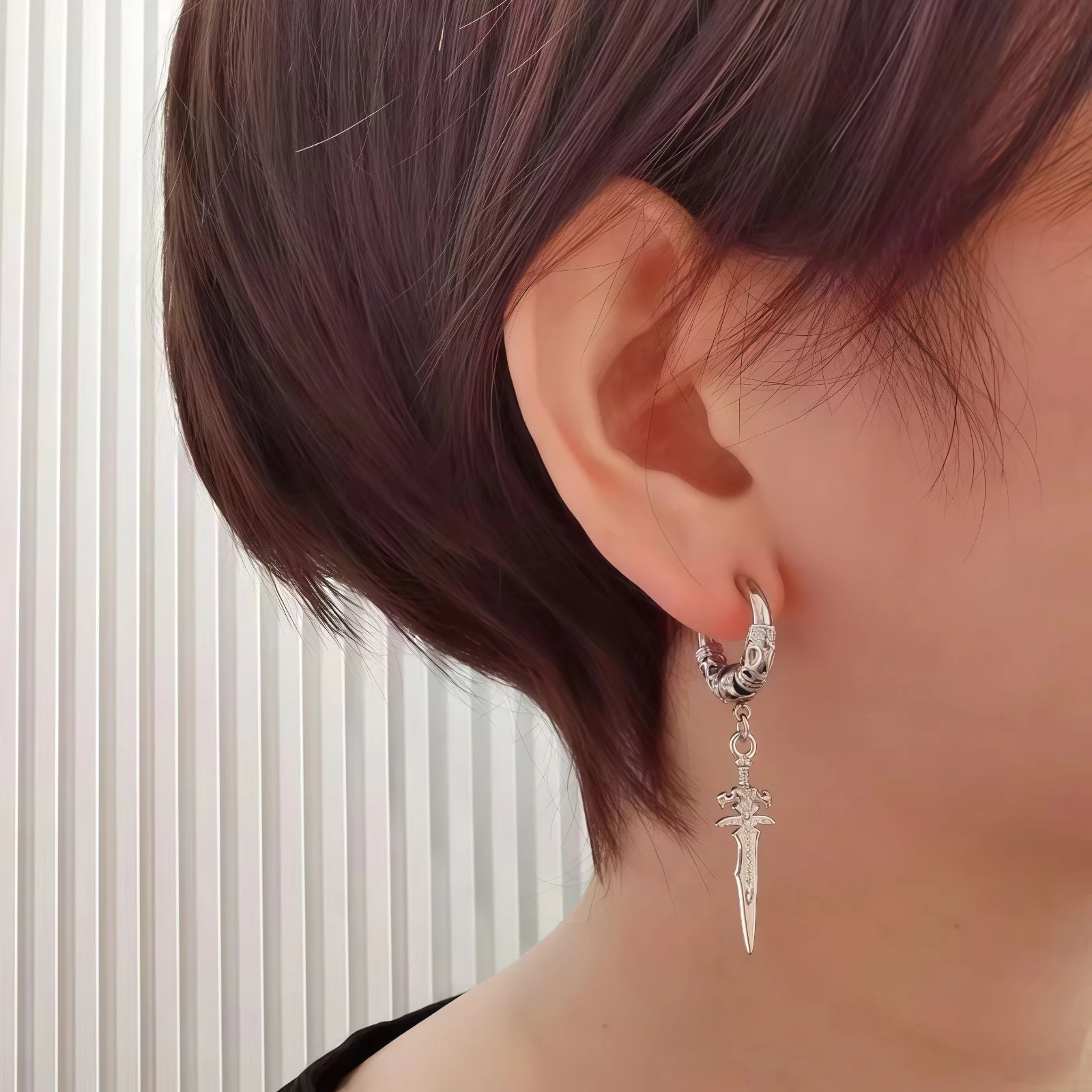 3-4Pairs Blätter Feder Punk Vintage Schwarz Edelstahl Runde Creolen Set für Mann Frau Teenager Schmuck y2k Zubehör Neue – Detail 7