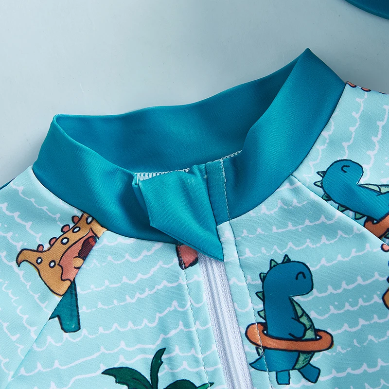 Citgeett Summer Kids Boy Swimsuits Cute Cartoon Print Long Sleeve Zipper Bathing Suit Sun Cap Clothes