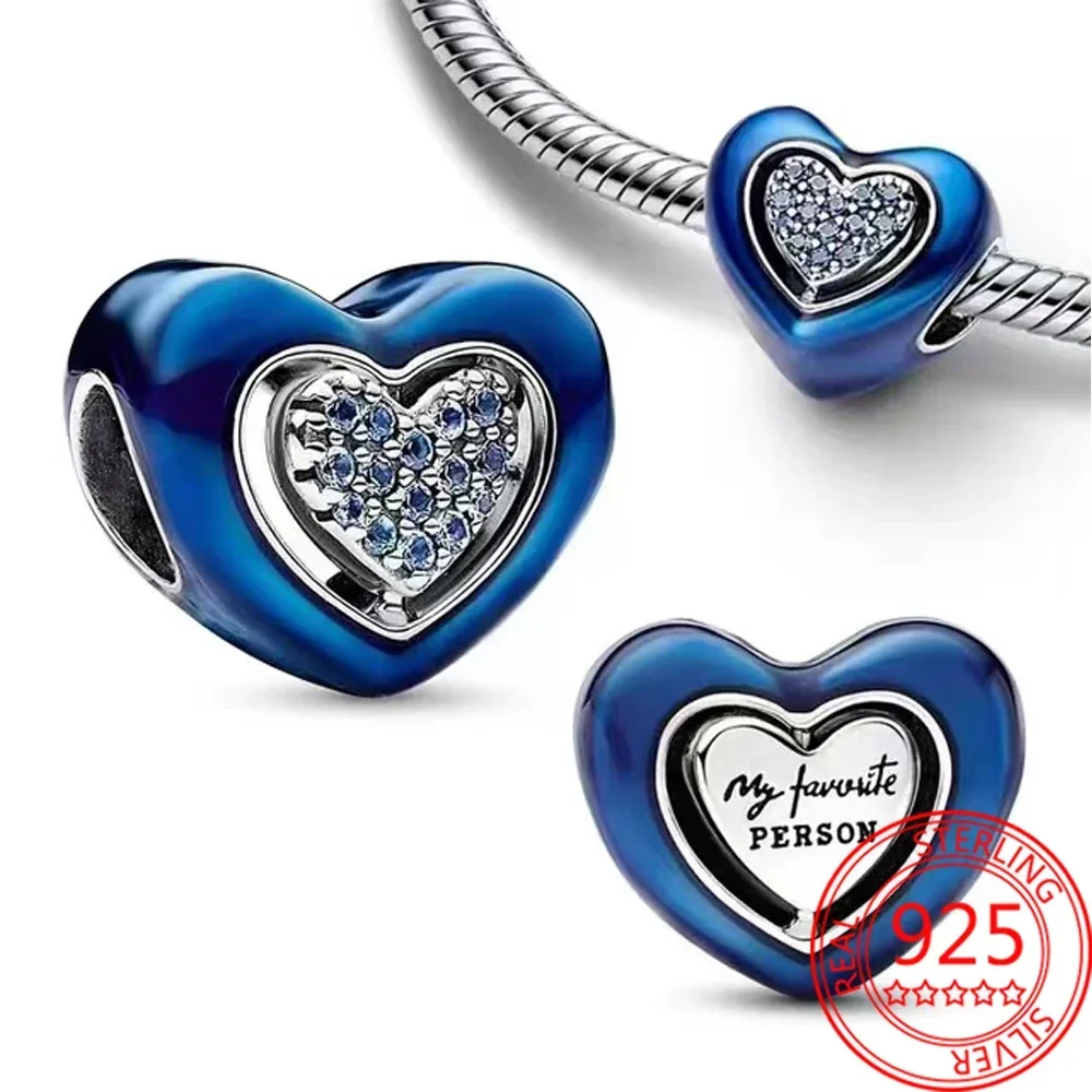 Classic Carving 'my favorite person' Beads 925 Sterling Silver Blue Rotatable Heart Shaped Dangle Charm Fit Pandora Bracelet