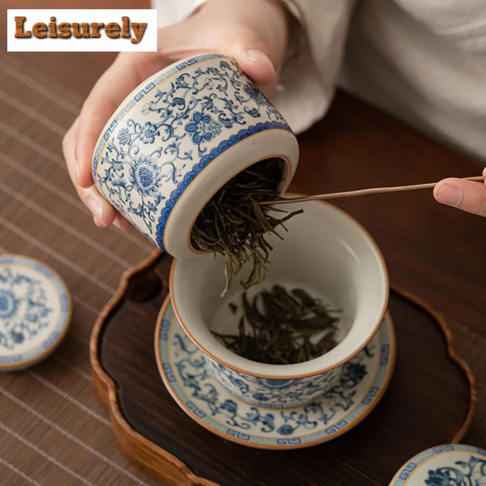 200ml Retro Ru Kiln Blue and White Porcelain Tea Box Organizer Boutique Storage Tank Containers Tea Caddy Teaset Supplies Craft
