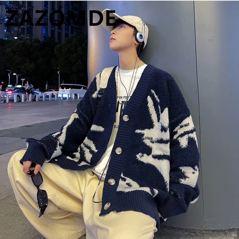 ZAZOMDE 하라주쿠 오버사이즈 스웨터, 일본 스타일 스트리트웨어, 한국 패션 가디건 점퍼, 남성용 니트 스웨터, 가디건 코트