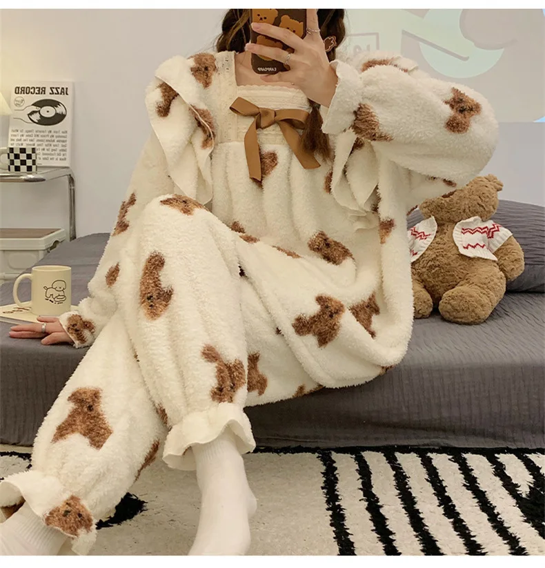 Yasuk Autumn Winter Fashion Women's Casual Lovely Print Bear Lace Warm Soft Sleepwear Pajamas With Pants Flannel Pullover Thick