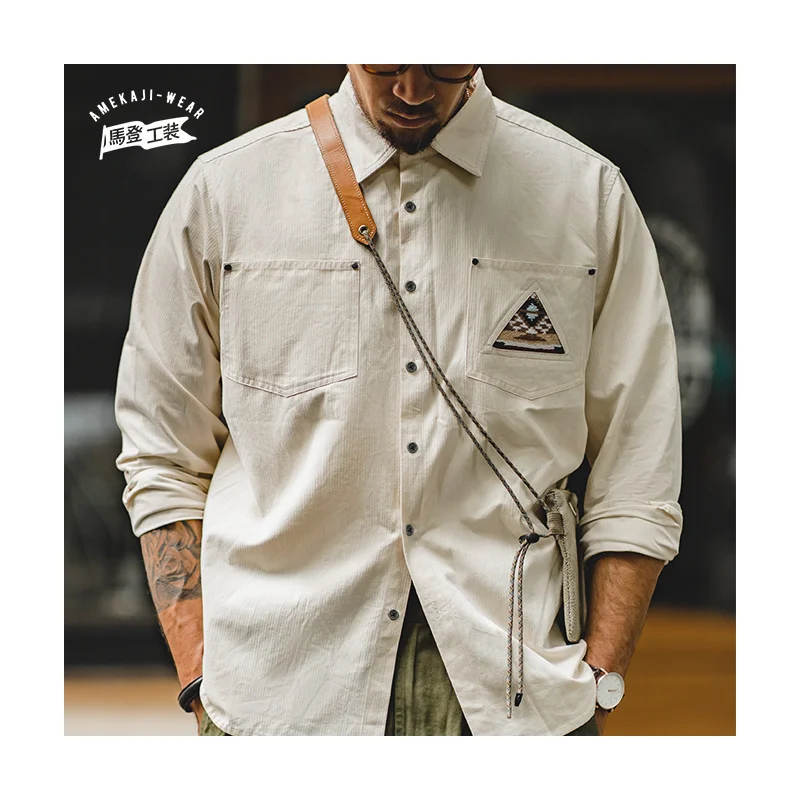 

Men Tooling 100% Cotton Indian Totem Shirt Japan Sleeve Patchwork Pocket Turn-down Collar Single-breasted Clothing