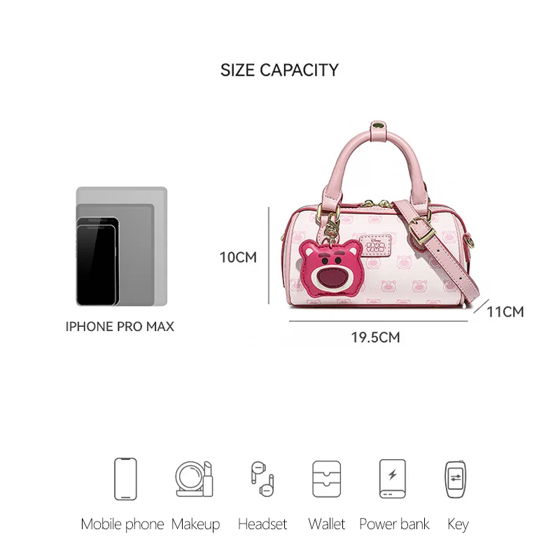 Disney Lotso Pink Boston Shoulder Bag Cartoon Strawberry Bear PU Leather Brand Bag Women Handbag Crossbody Bags With Pendant 2