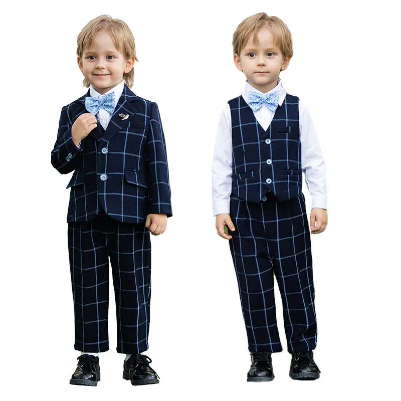 

Boys Spring Autumn Paid Suit Set Children Party Wedding Piano Hosting Performance Dress Kids Blazer Vest Pants Bowtie Clothes