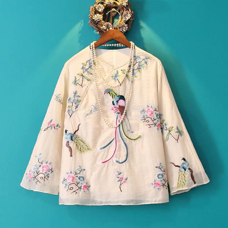 

Spring Blouse Female 2023 New Chinese Style Improved Retro Literature Phoenix Embroidery Tang Suit Qipao Small Blouse Female Top