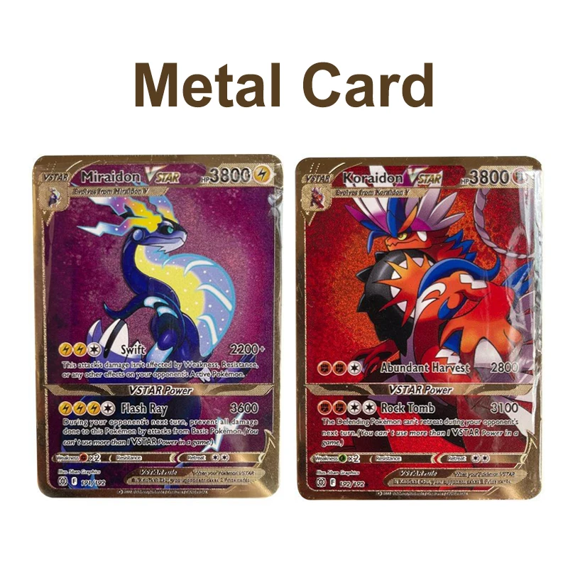 

Pokemon English Metal Cards Scarlet Violet Mewtwo Miraidon Koraidon Charizard Gold Black Vmax GX Mega Game Collection Cards Gift