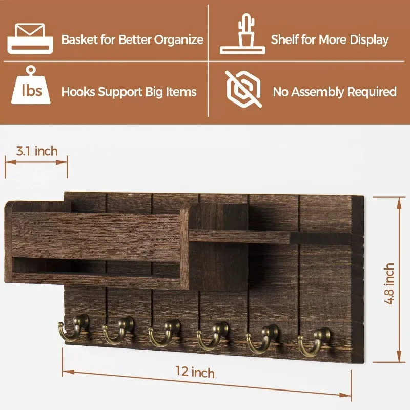 Wood Key Rack and Mail Organizer with 6 Key Hooks Living Room Storage Rack Living Room Holder Decorative with Shelf 5