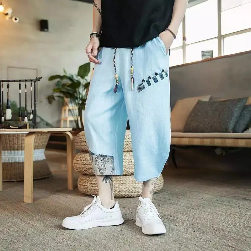 Summer Men's Clothing Loose Oversized Thin Fashion Casual Printed Spliced Button Pocket Elastic Waist Wide Leg Cropped Shorts