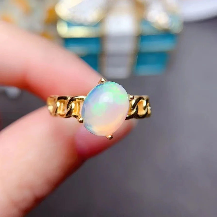 

100% Natural Australia Opal Ring 7mm*9mm 1.5ct White Opal 925 Silver Ring with 3 Layers 18K Gold Plating Gift for Wife