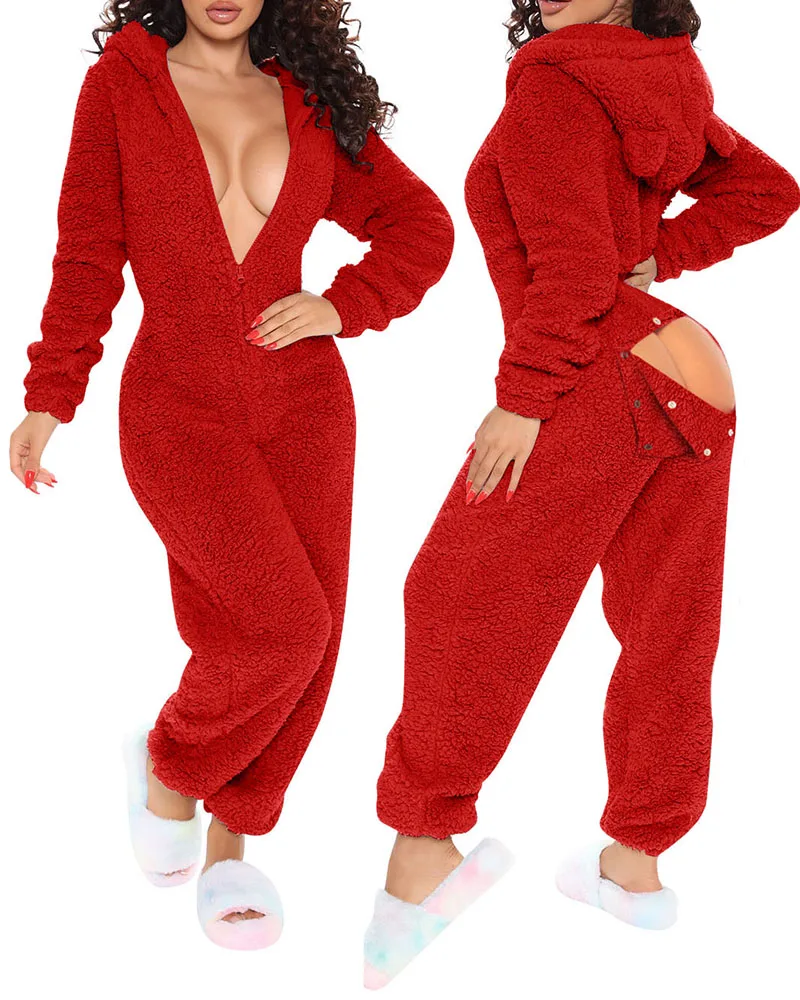 

2022 Sexy Women Christmas Cutout 3D Ear Buttoned Flap Functional Fluffy Lounge Jumpsuit Button Design Plunge Lounge Jumpsuit