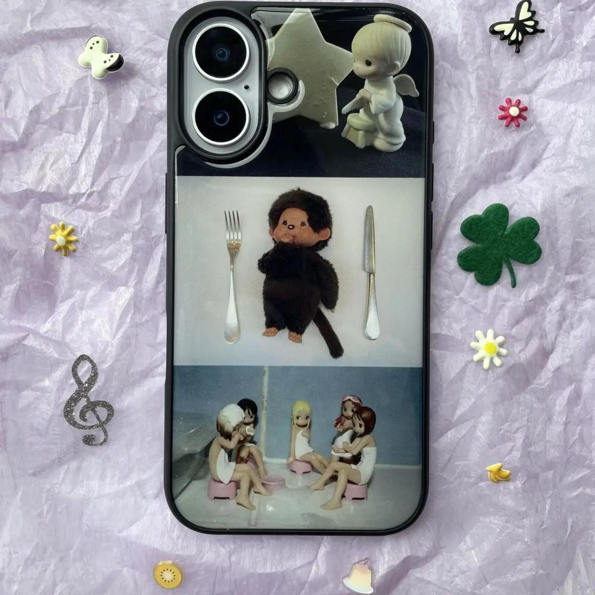 Retro Y2K Niche Doll Splicing Dimple Shockproof Phone Case with Silver Border
