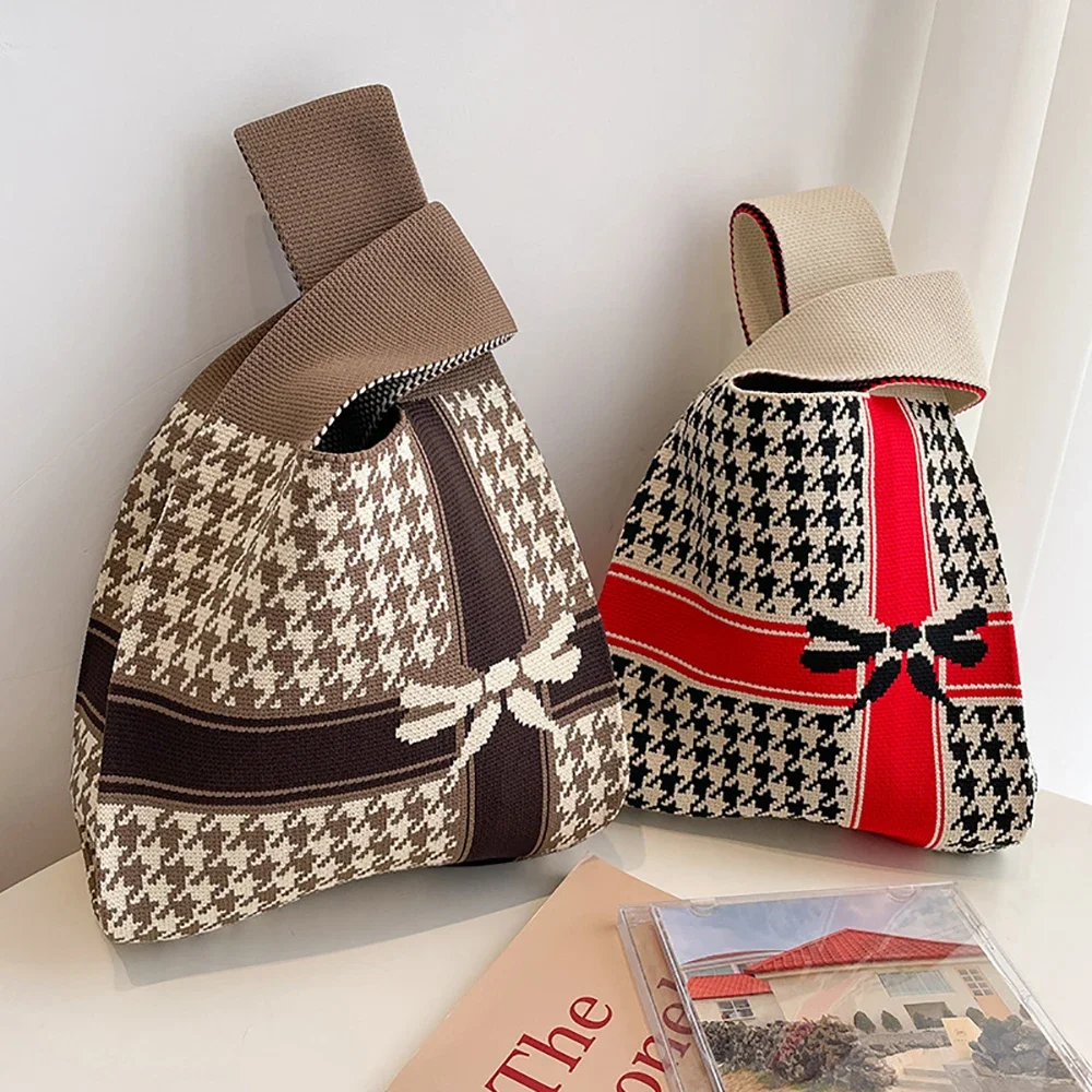 

Handmade Knit Handbag Women Mini Knot Wrist-bag Female Casual Color Wide Stripe Plaid Tote Bag Student Reusable Shopping Bag