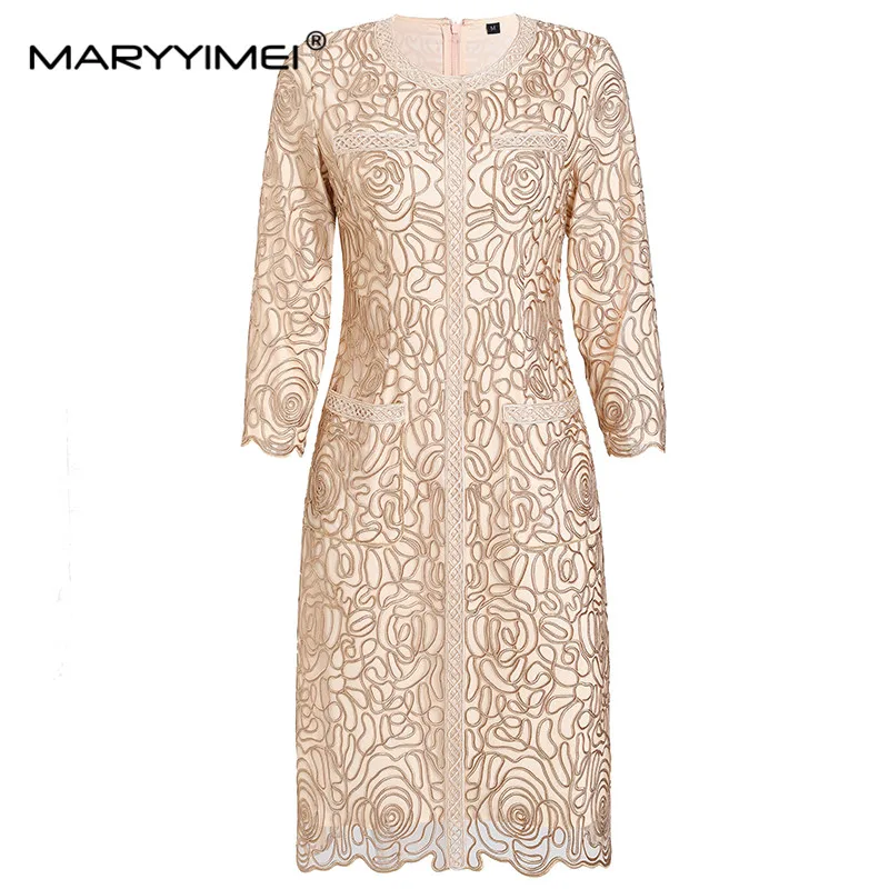 

MARYYIMEI New Fashion Runway Designer Women's Round Neck Seven-Point Cuff Pocket Embroidery Gauze Vintage Banquet Dress