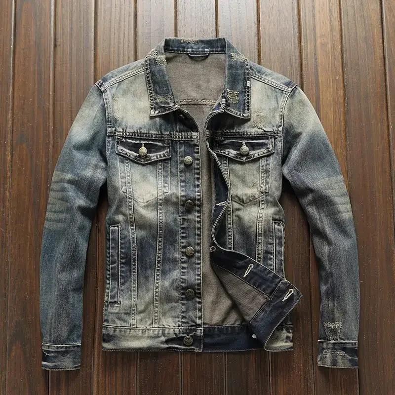thumbnail image 1 of Chaqueta vaquera de motociclista con botones para hombre, nueva, holgada, original, de alta calidad, para hombre, elástica, informal, 1 of 5