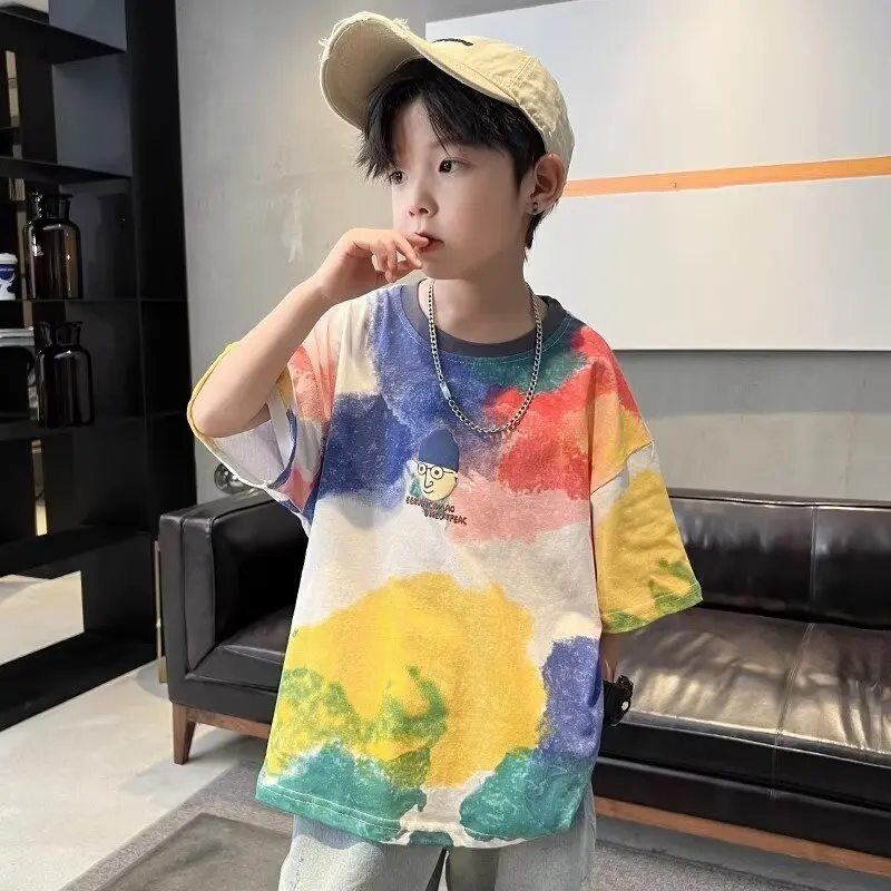 2024 Boys T-shirt High Quality Kids Clothes Summer Cartoon Graffiti Printed Tees Short Sleeve Children Tops Trendy New Styles
