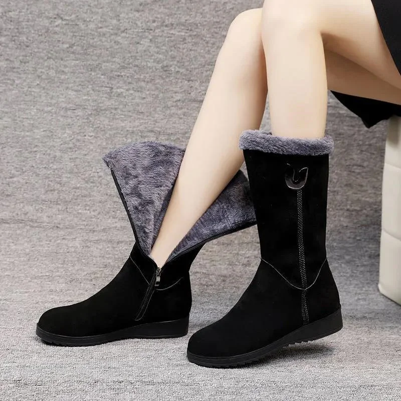Warm Chelsea High Fur Boots Women 2023 Winter Shoes for Women Chunky Mid-calf Plush Snow Flat  Fashion Boots