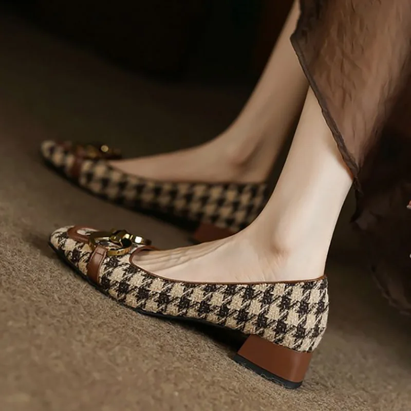 Women Plaid Suide Boat Shoes Square Toe Metal Pumps Costume Tweed Slip on  Low Heels Dress Shoes New Style Designer Shoes 9870N - AliExpress