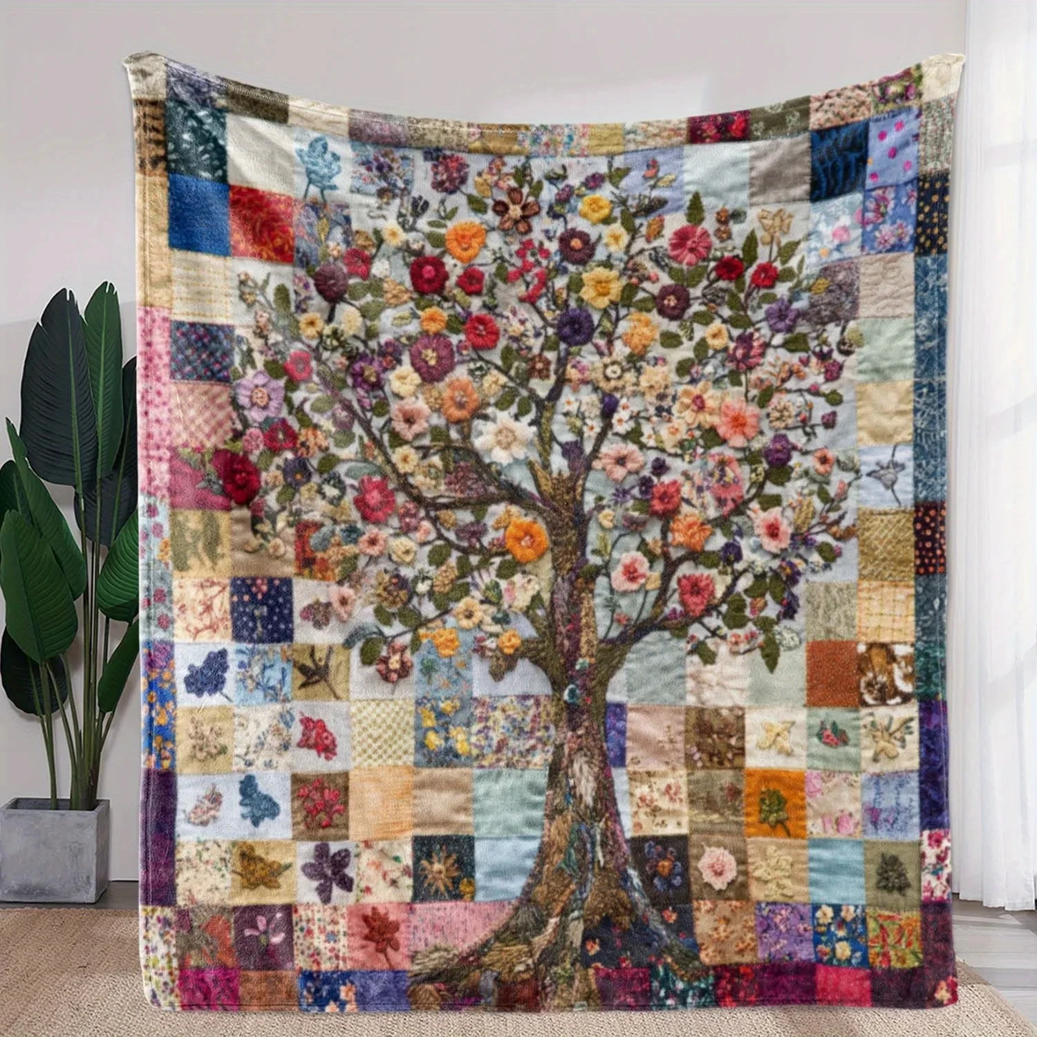 Cozy Colorful Floral Tree Patchwork Flannel Quilt - Soft, All-Season for Sofa, Bed, Car,Office,Camping Travel-USA Local Delivery