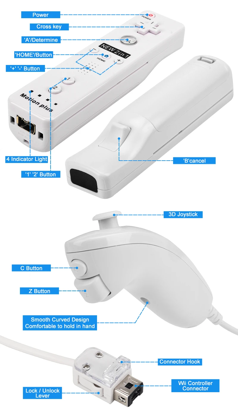 2PCS Remote Controller with Nunchuck Controller for Wii Console Wireless Gamepad with Motion Plus for Nintendo Wii Games Control